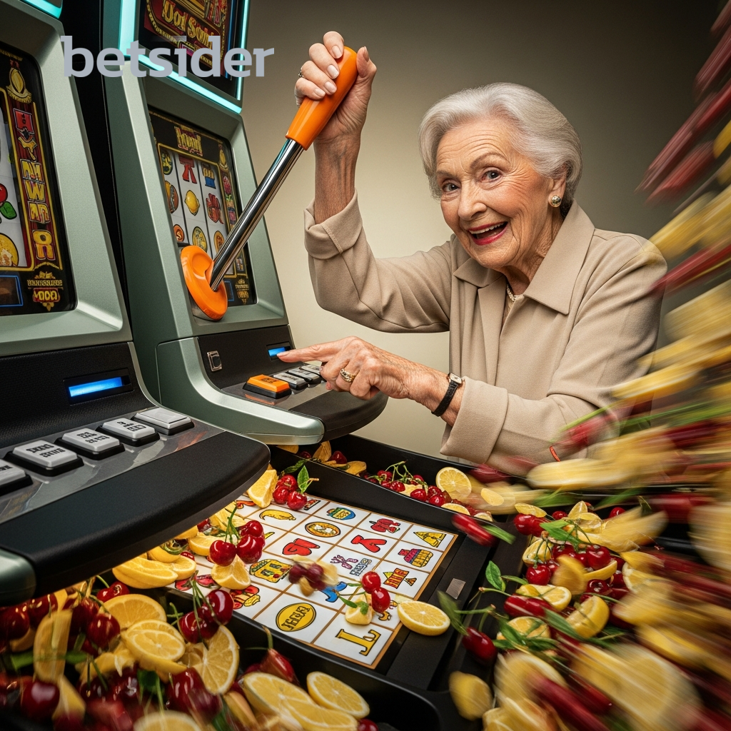 Eine aufgeregte Person, die vor einem Spielautomaten gewinnt.